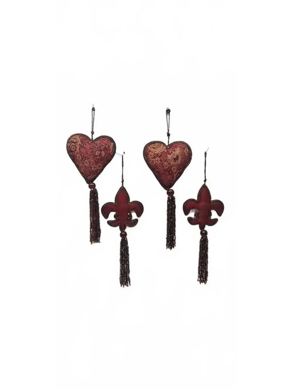 Set of 4 Vintage Style Burgundy Fabric Tassel Ornaments with Heart and Fleur-de-